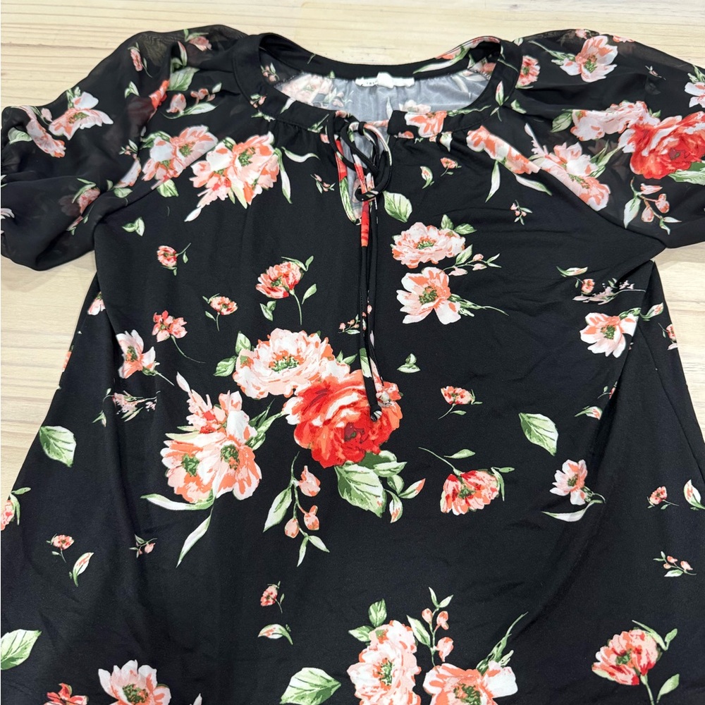 Maurices Black Floral Tie-Front Blouse with Coral & Pink Flowers